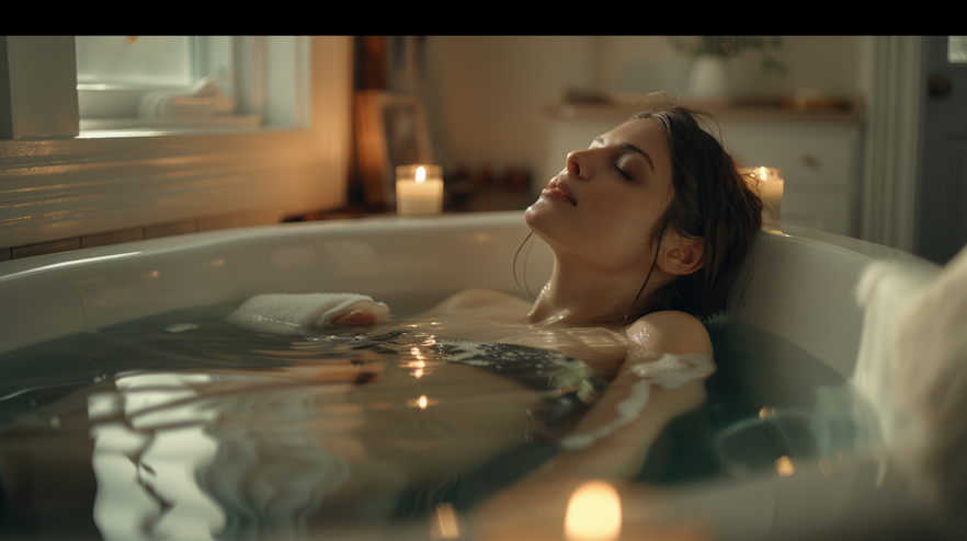 A soothing scene of a postpartum sitz bath in cool water highlighting the benefits