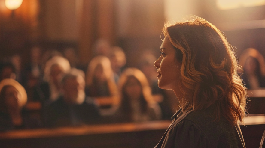 An intimate side view of a courtroom, showing a tense moment with the late 30s female lawyer delivering a powerful argument