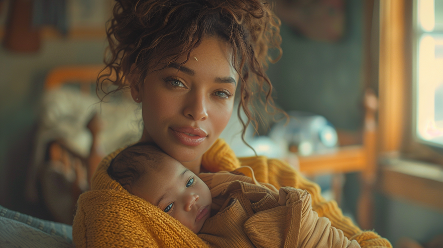  mom holding a newborn in a quiet room at dawn, expressing a moment of solitude and contemplation with a breast pump and bottles and baby bassinet nearby