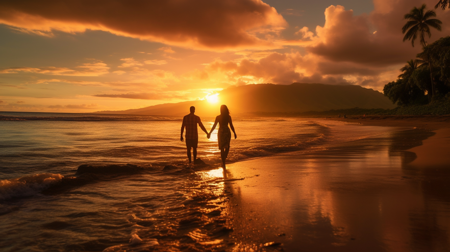 A couple walking on a Maui beach during a vibrant sunset, epitomizing the romantic allure of a beachside babymoon