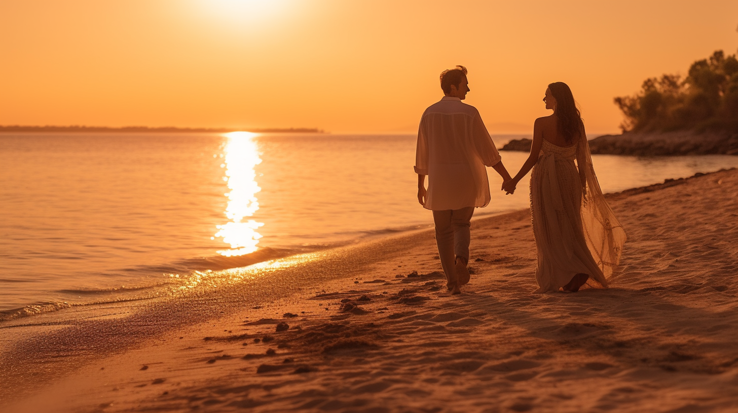 Expecting couple enjoying a romantic sunset on a beach during their babymoon.