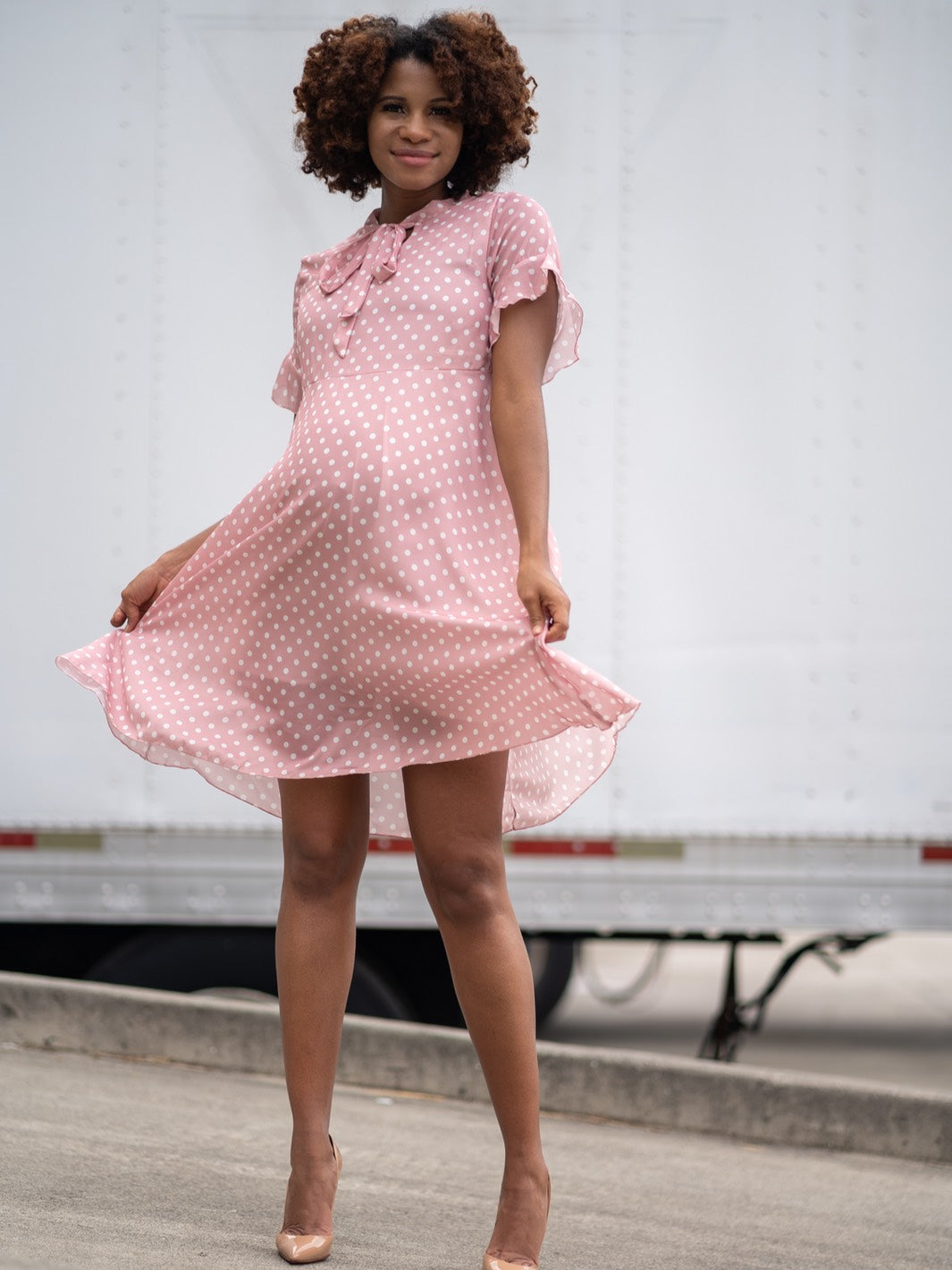 pink polka dot maternity dress Dot You Mama Maternity Dress
