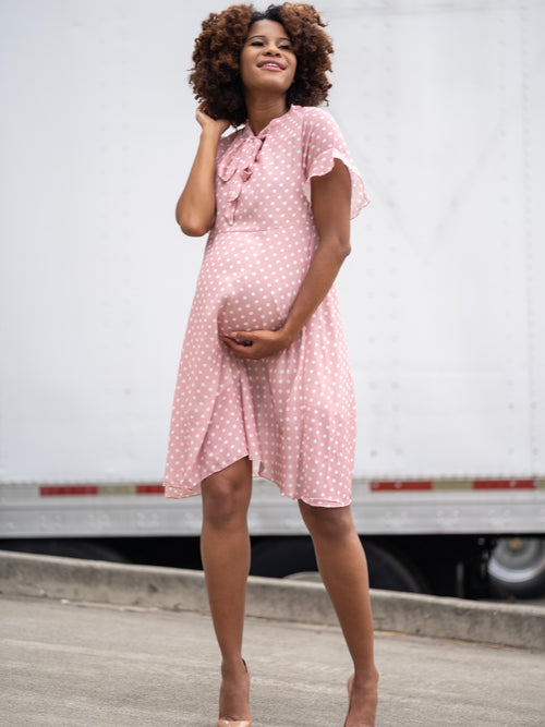 pink and grey maternity dress Women's 100% European Linen Maternity Short Sleeve Midi Dress in Vintage Pink Chambray, Size Small, Tencel by Quince