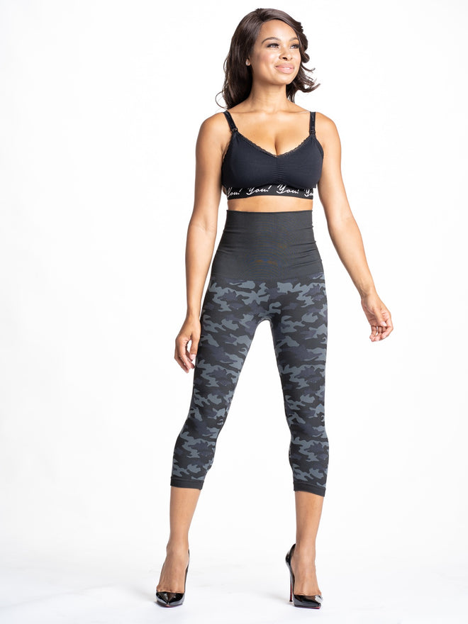 [Snapback™ Postpartum Crop Leggings - Black Camo] - [Front View]