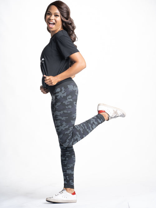 [Snapback™ Postpartum Leggings - Black Camo] - [Lifestyle Shot Side View]