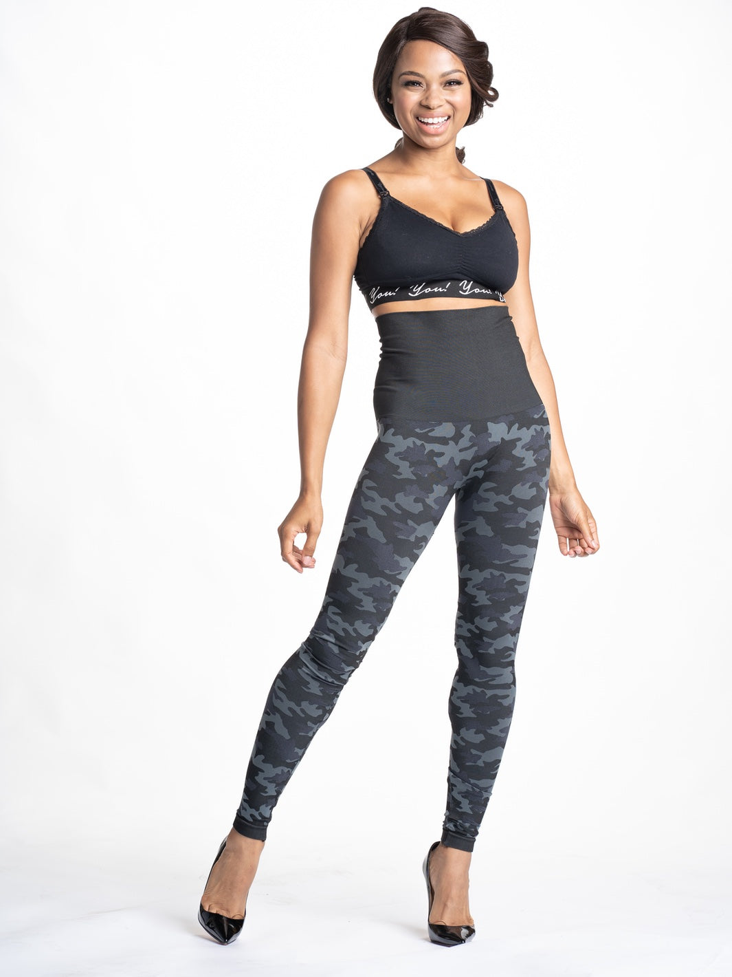 [Snapback™ Postpartum Leggings - Black Camo] - [Front View]