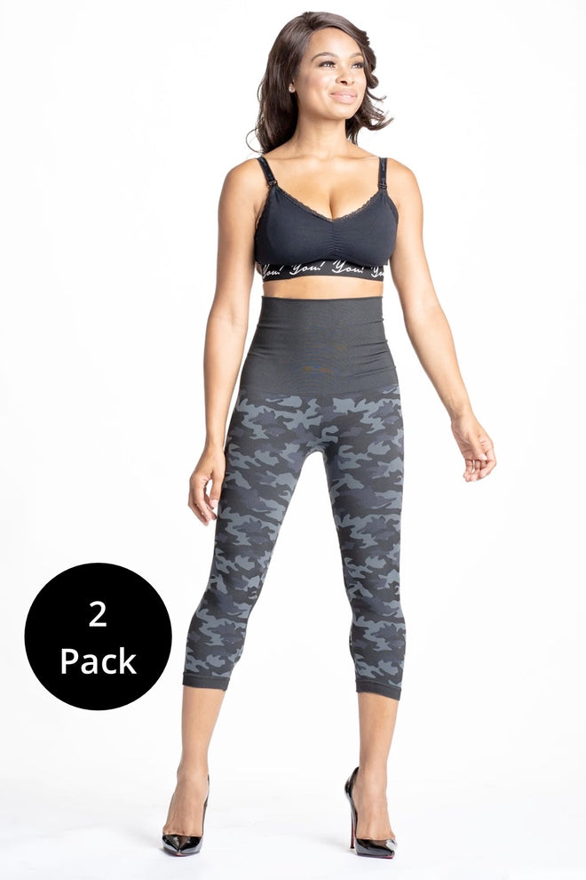 [Snapback™ Postpartum Crop Leggings - Black Camo (2 Pack)] - [Front View]