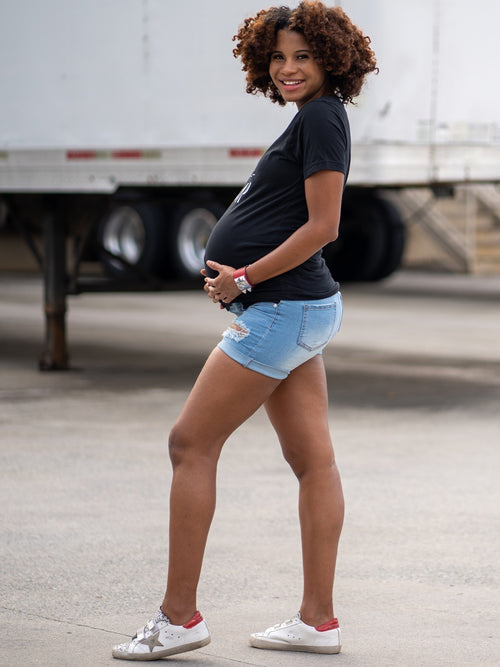 [Soma Maternity Jean Shorts] - [Lifestyle Shot Side View]